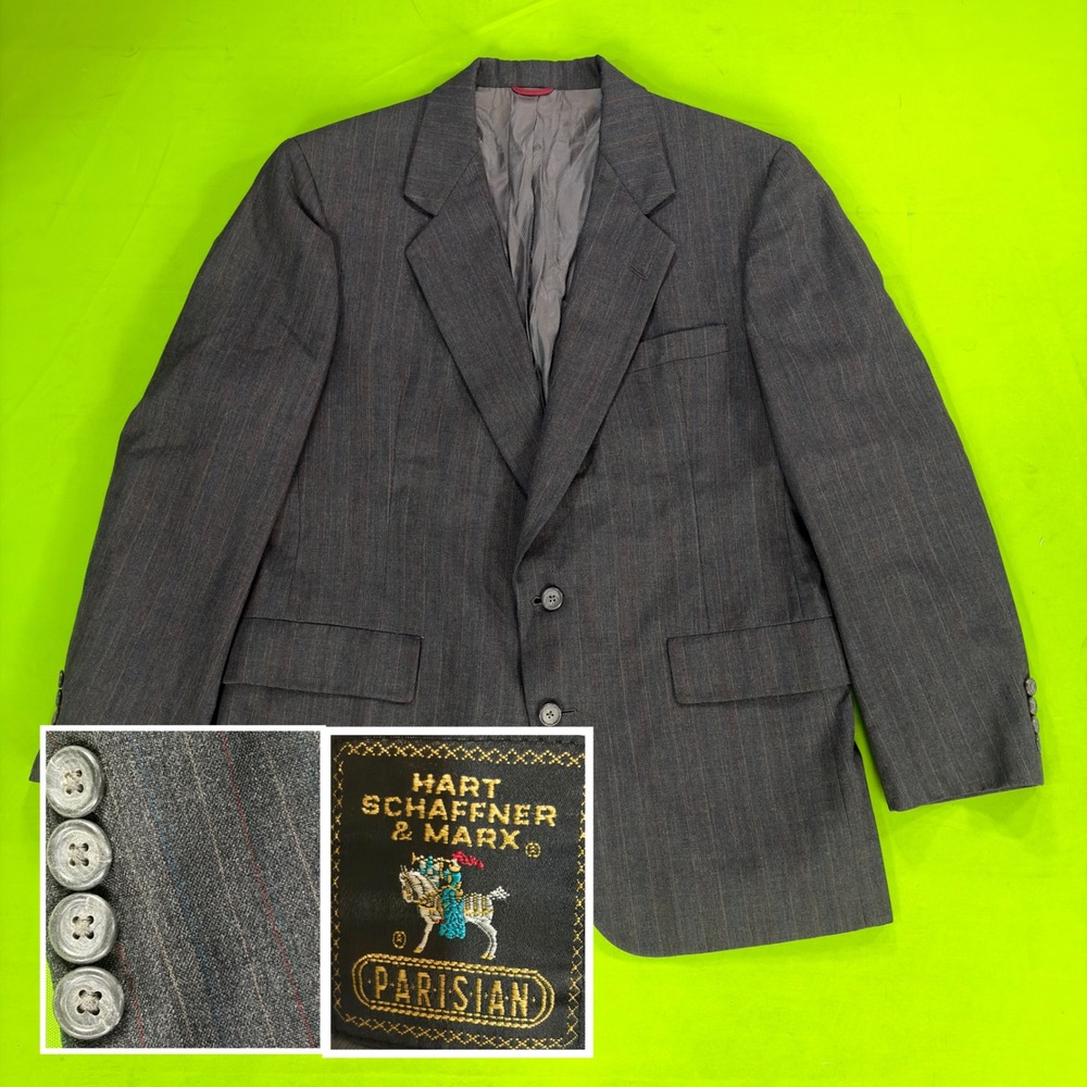 VTG 90s Hart Schaffner Marx Parisian Blazer Mens 42R Charcoal Pinstripe 2-Button
